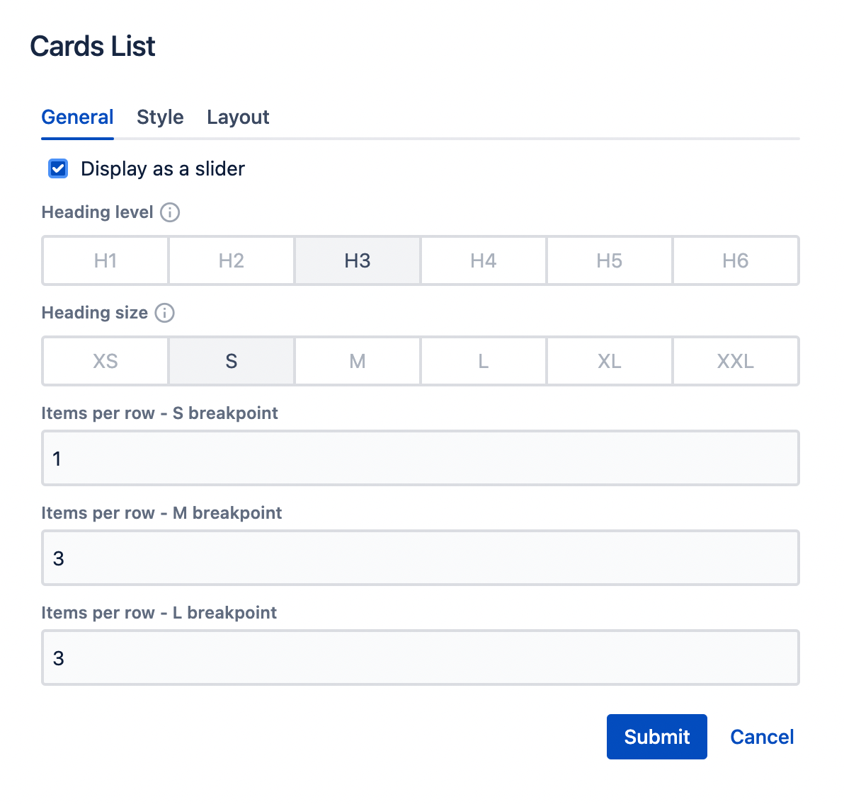 Cards List general properties